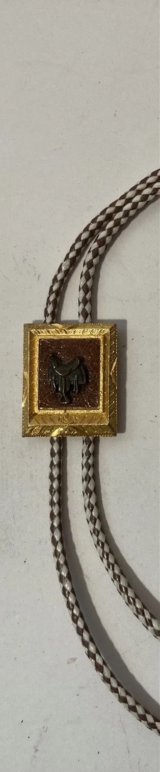 Vintage Metal Bolo Tie, Nice Brass with Horse Saddle Design, Nice Western Design, 1 1/2" x 1 1/4", Quality, Heavy Duty, Made in USA
