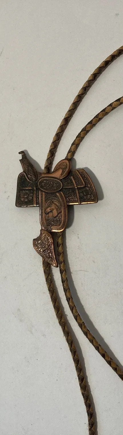 Vintage Metal Bolo Tie, Nice Copper Horse Saddle Design, Nice Western Design, 3" x 2", Quality, Heavy Duty, Made in USA