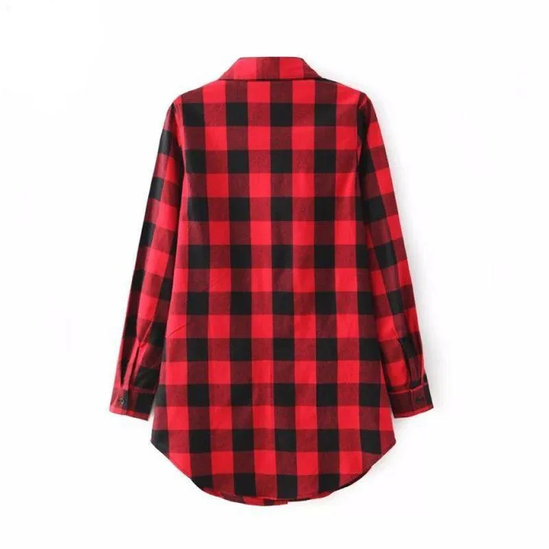 Vintage Overszied Red Black Plaid Flannel Tee Shirt Button Up