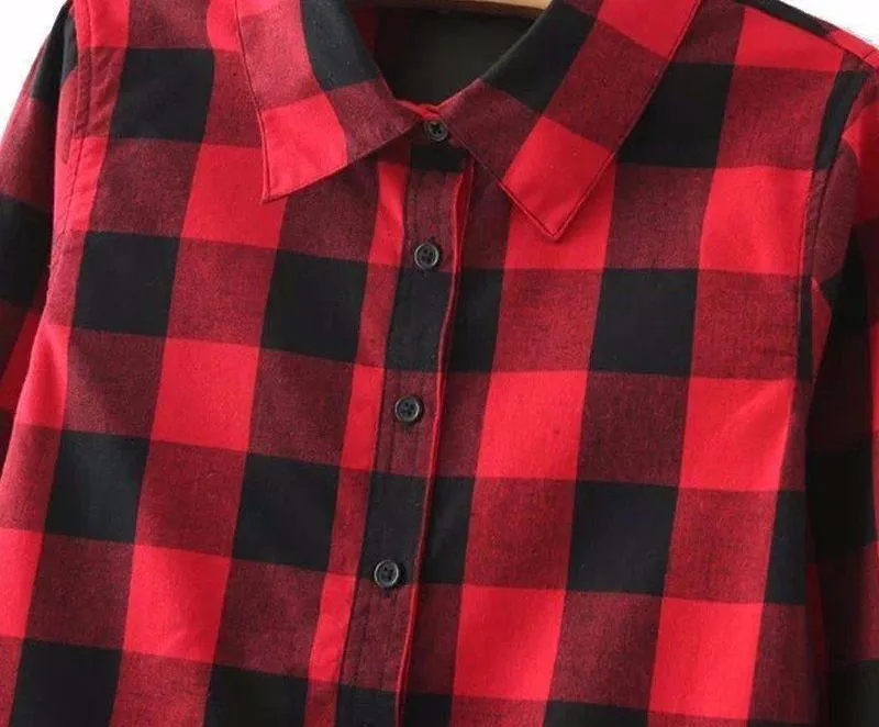 Vintage Overszied Red Black Plaid Flannel Tee Shirt Button Up