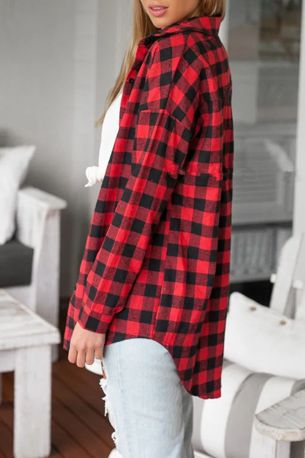 Vintage Overszied Red Black Plaid Flannel Tee Shirt Button Up