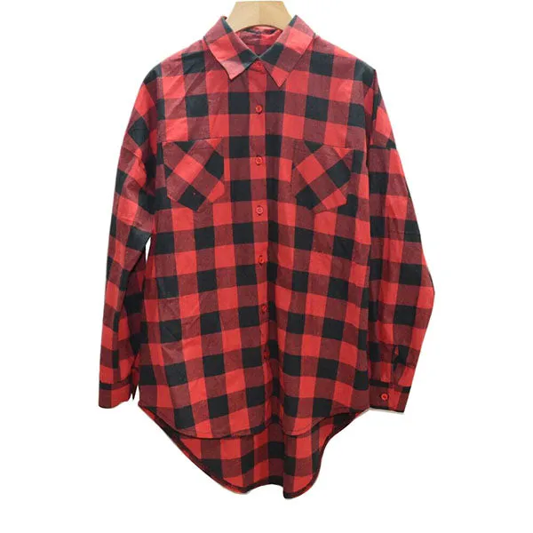 Vintage Overszied Red Black Plaid Flannel Tee Shirt Button Up