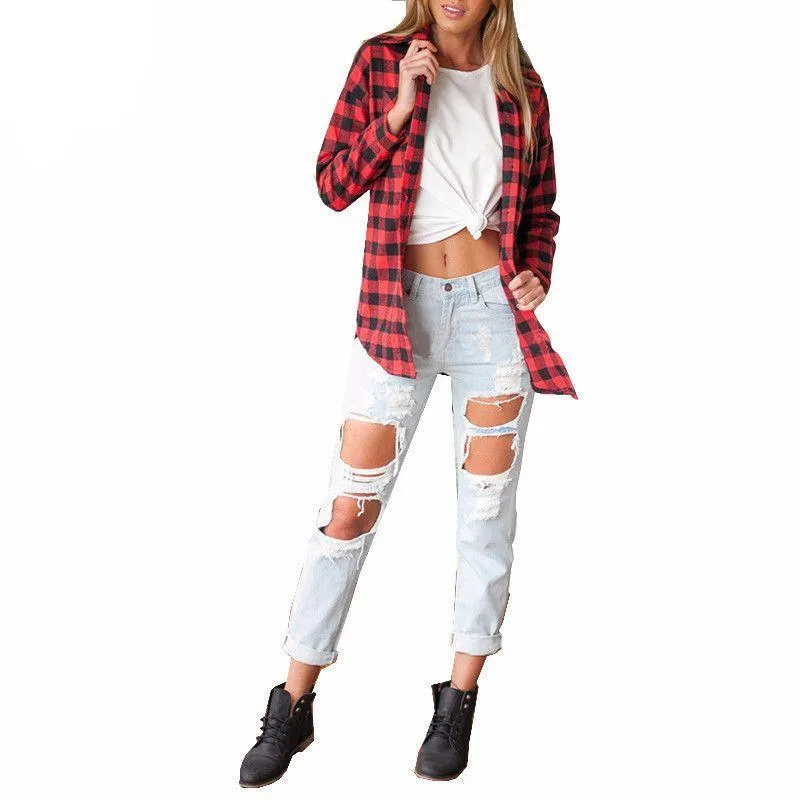 Vintage Overszied Red Black Plaid Flannel Tee Shirt Button Up