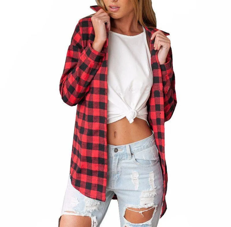 Vintage Overszied Red Black Plaid Flannel Tee Shirt Button Up