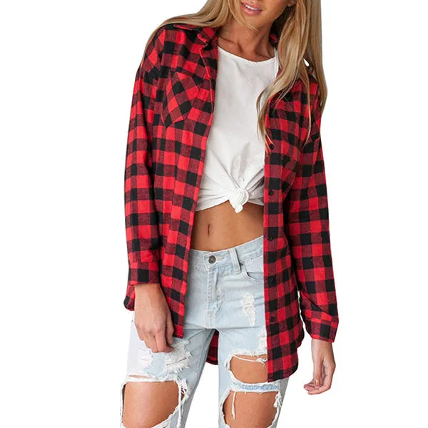 Vintage Overszied Red Black Plaid Flannel Tee Shirt Button Up