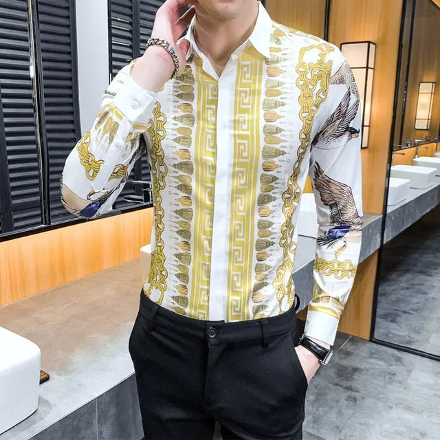 Vintage Print Long Sleeve Hawaiian Slim Fit Striped Shirts