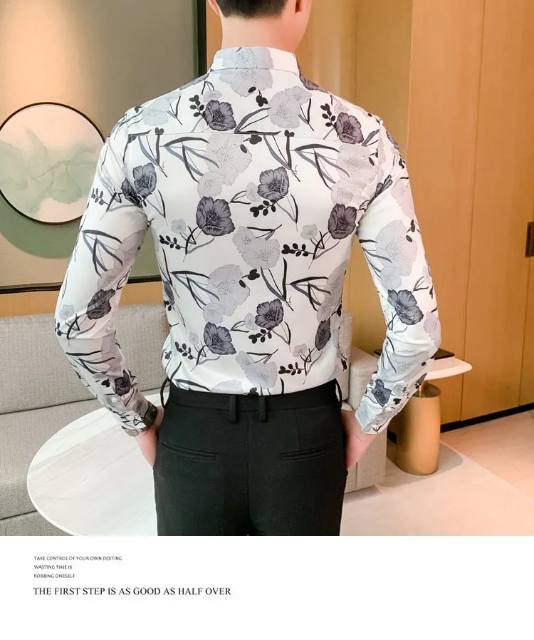 Vintage Print Long Sleeve Hawaiian Slim Fit Striped Shirts