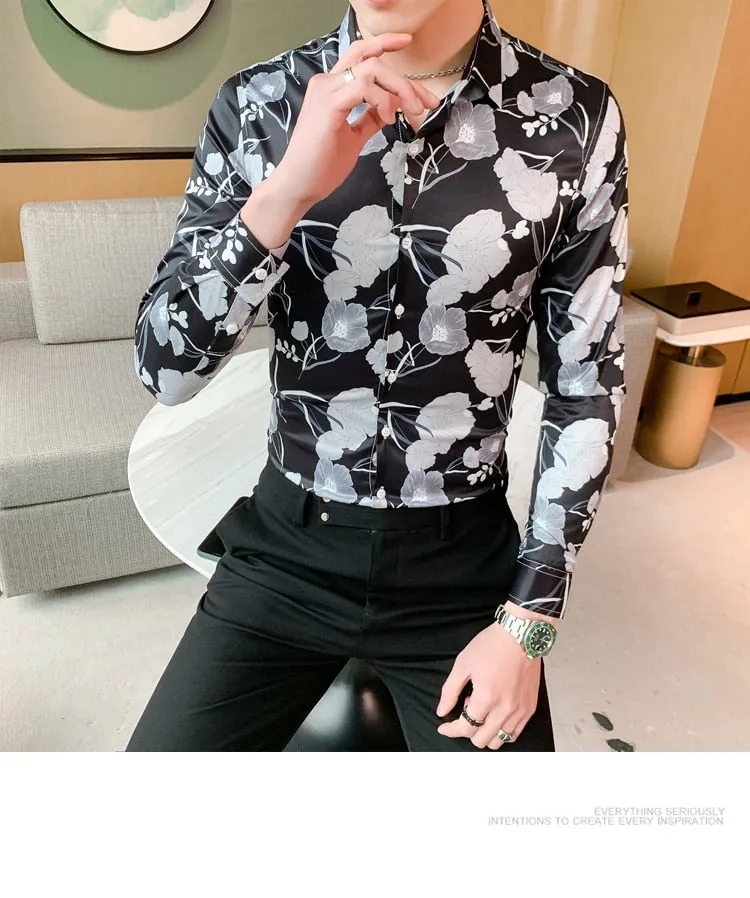 Vintage Print Long Sleeve Hawaiian Slim Fit Striped Shirts