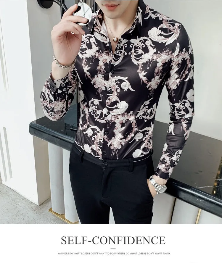 Vintage Print Long Sleeve Hawaiian Slim Fit Striped Shirts