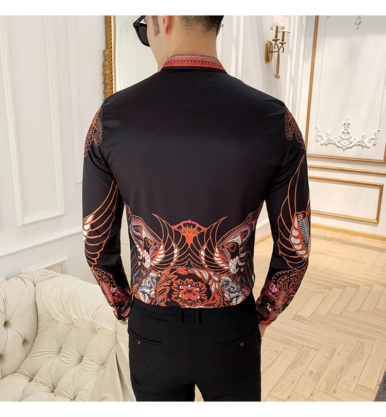Vintage Print Long Sleeve Hawaiian Slim Fit Striped Shirts