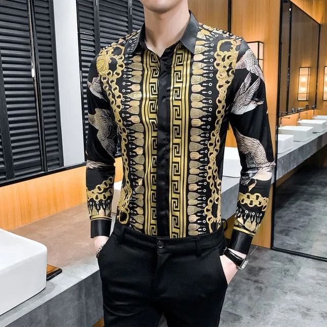 Vintage Print Long Sleeve Hawaiian Slim Fit Striped Shirts