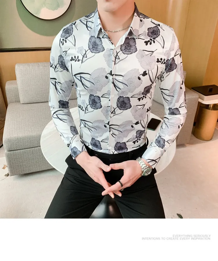 Vintage Print Long Sleeve Hawaiian Slim Fit Striped Shirts