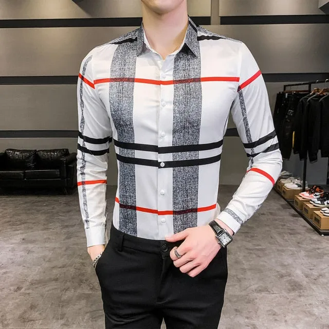 Vintage Print Long Sleeve Hawaiian Slim Fit Striped Shirts