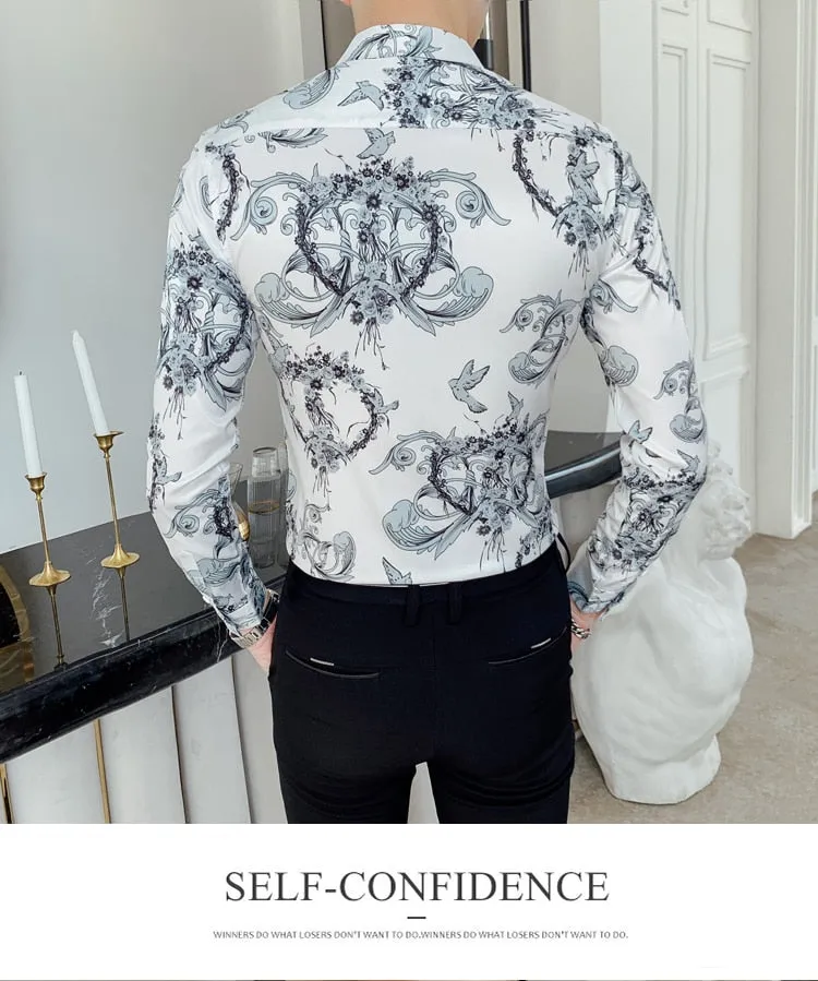 Vintage Print Long Sleeve Hawaiian Slim Fit Striped Shirts