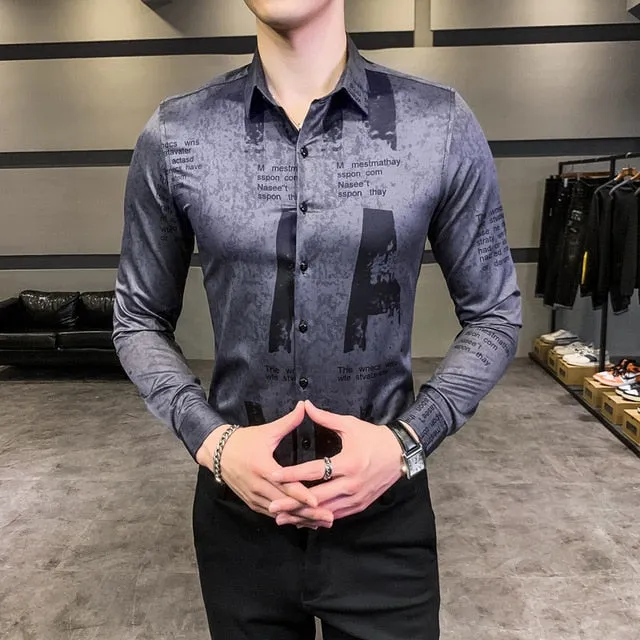 Vintage Print Long Sleeve Hawaiian Slim Fit Striped Shirts