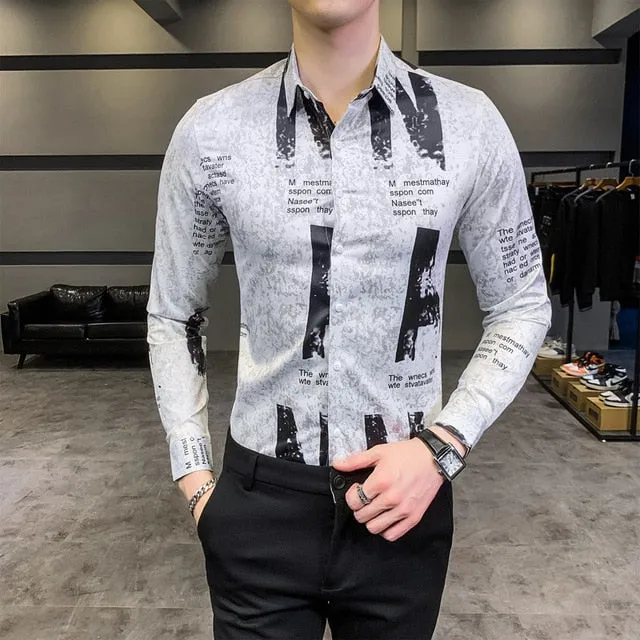 Vintage Print Long Sleeve Hawaiian Slim Fit Striped Shirts