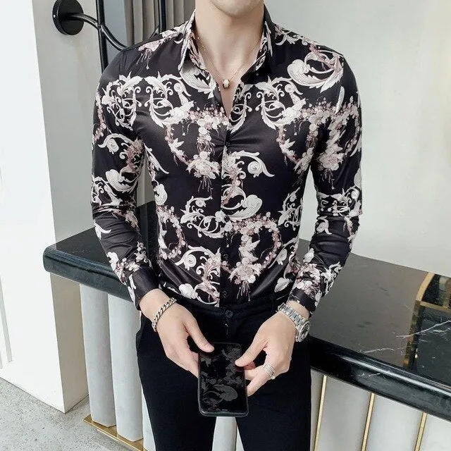 Vintage Print Long Sleeve Hawaiian Slim Fit Striped Shirts
