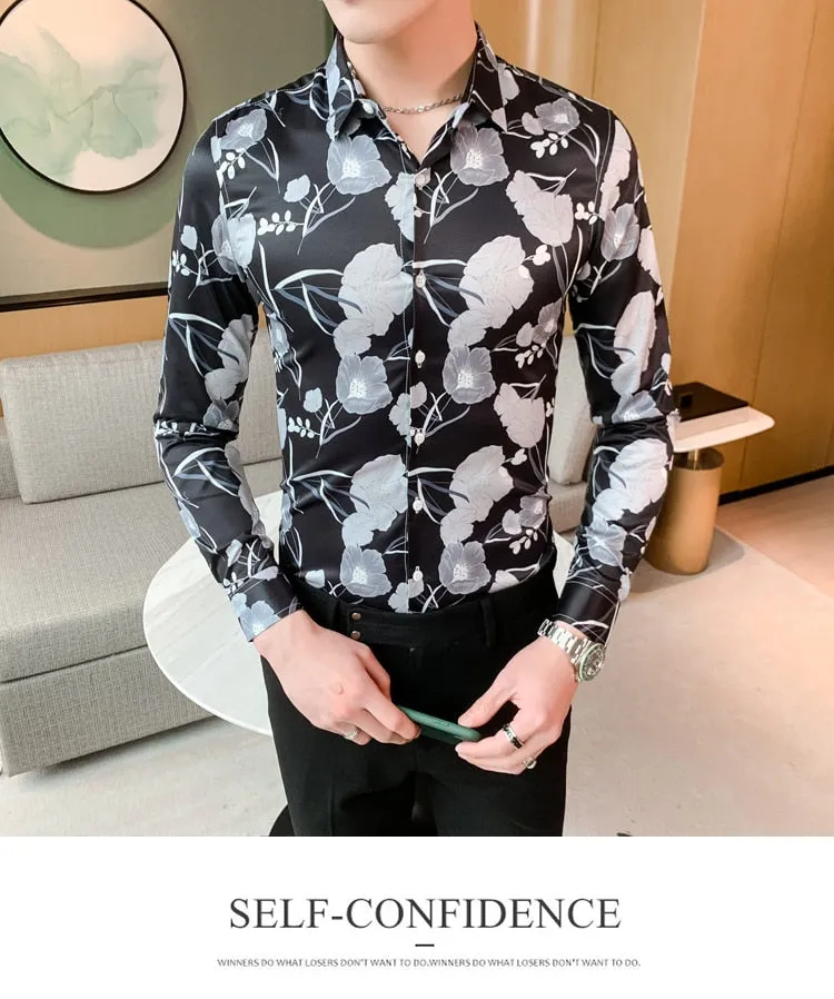 Vintage Print Long Sleeve Hawaiian Slim Fit Striped Shirts