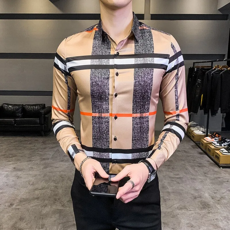 Vintage Print Long Sleeve Hawaiian Slim Fit Striped Shirts