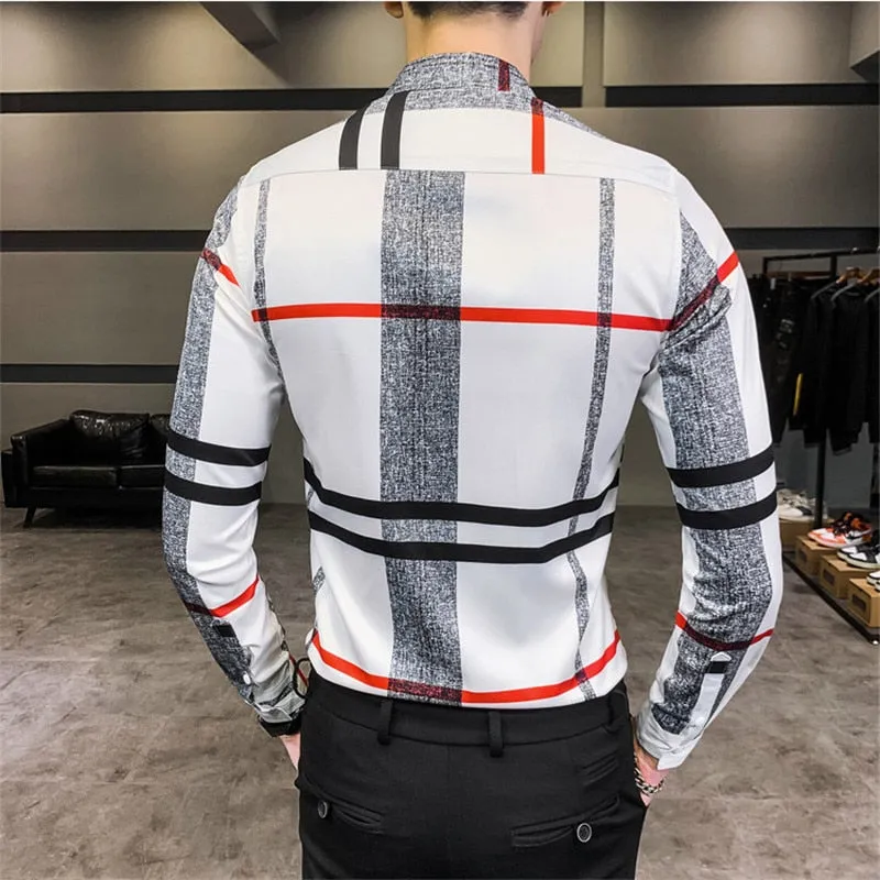 Vintage Print Long Sleeve Hawaiian Slim Fit Striped Shirts