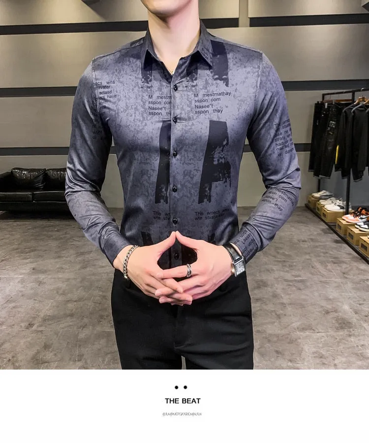 Vintage Print Long Sleeve Hawaiian Slim Fit Striped Shirts
