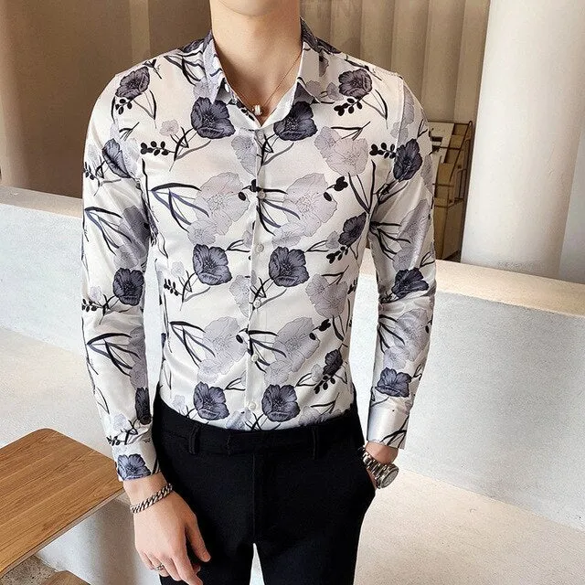 Vintage Print Long Sleeve Hawaiian Slim Fit Striped Shirts