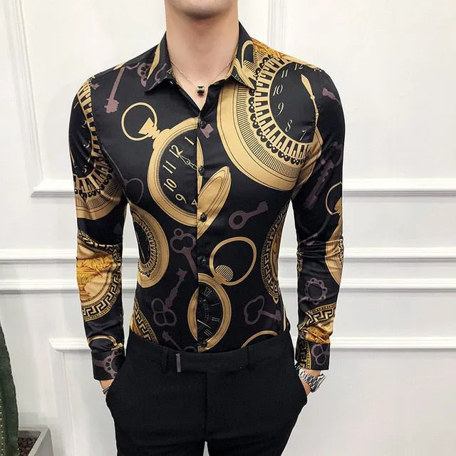 Vintage Print Long Sleeve Hawaiian Slim Fit Striped Shirts