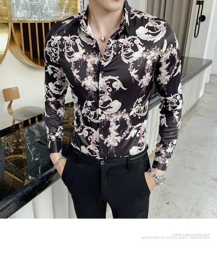 Vintage Print Long Sleeve Hawaiian Slim Fit Striped Shirts