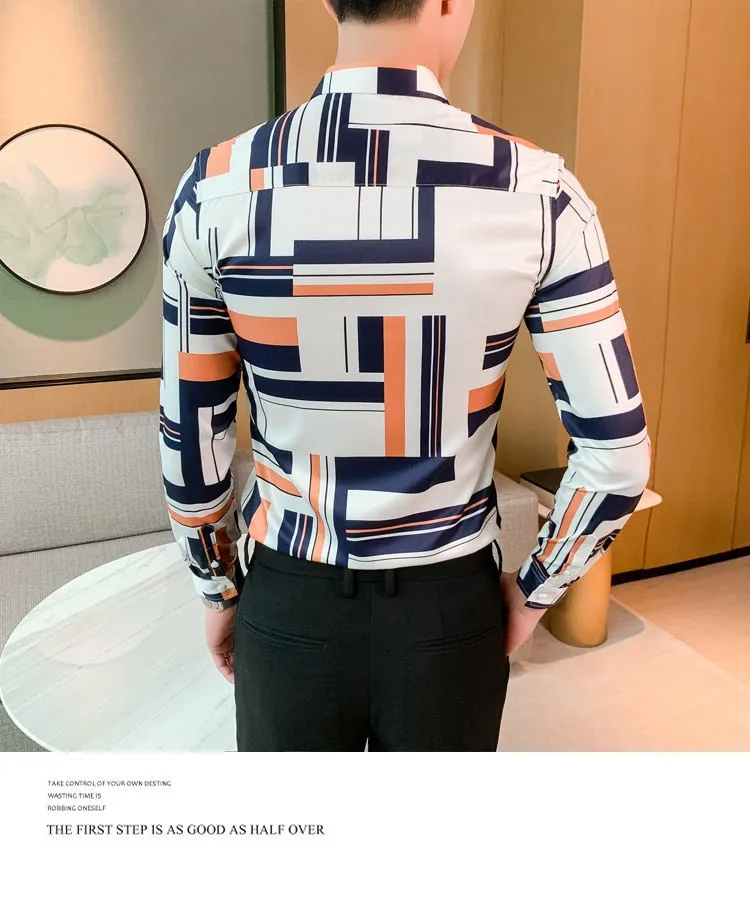 Vintage Print Long Sleeve Hawaiian Slim Fit Striped Shirts