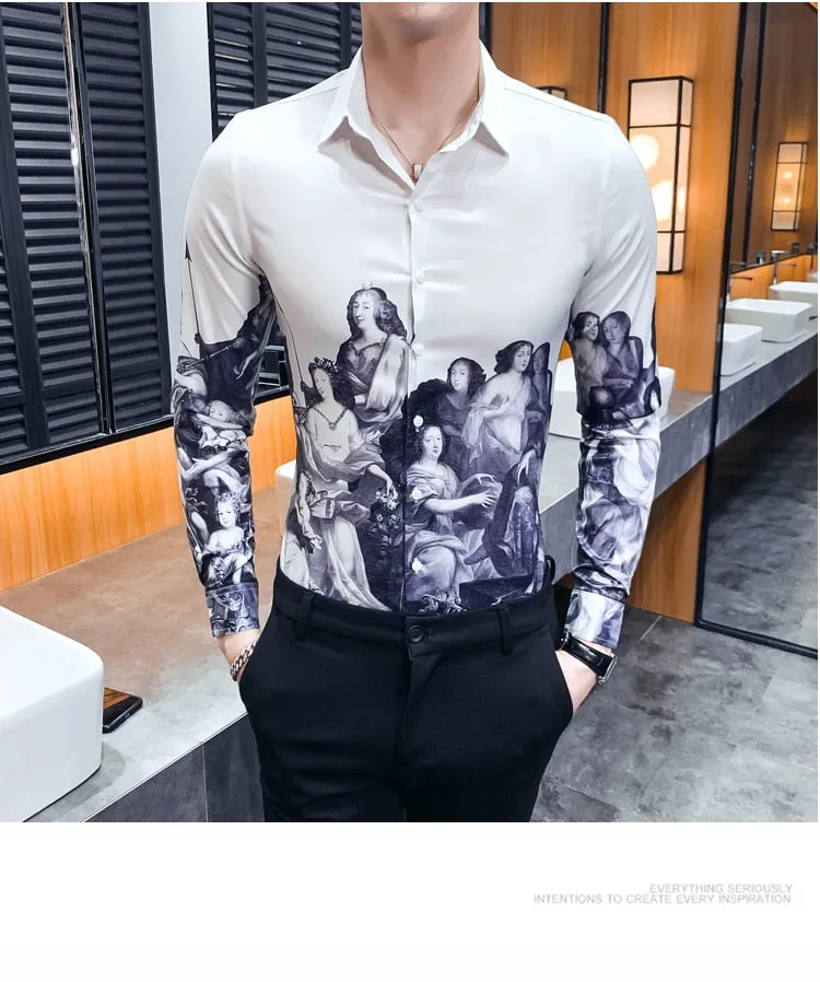 Vintage Print Long Sleeve Hawaiian Slim Fit Striped Shirts
