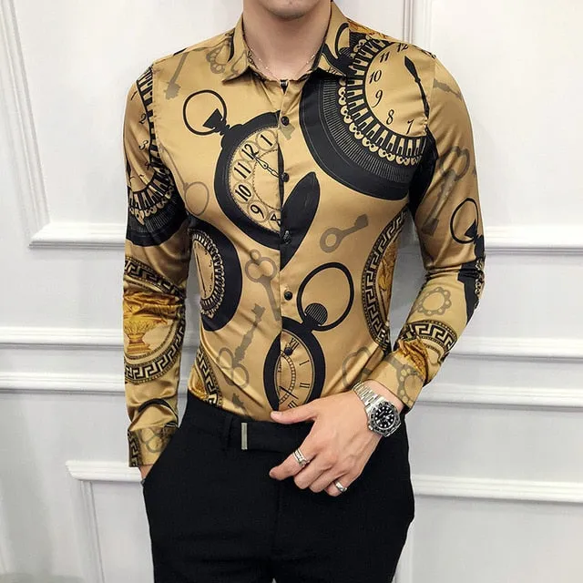 Vintage Print Long Sleeve Hawaiian Slim Fit Striped Shirts