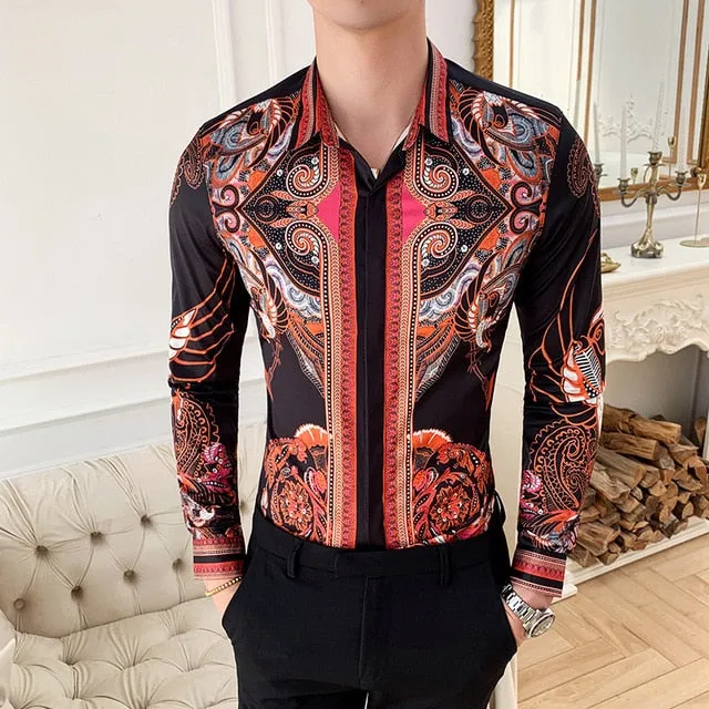 Vintage Print Long Sleeve Hawaiian Slim Fit Striped Shirts