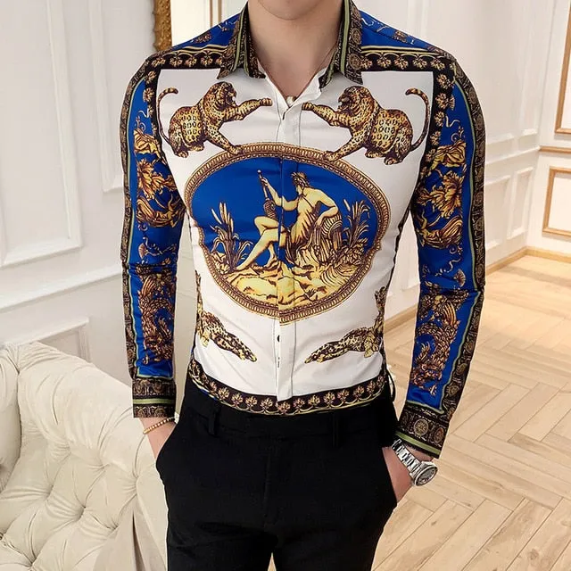 Vintage Print Long Sleeve Hawaiian Slim Fit Striped Shirts