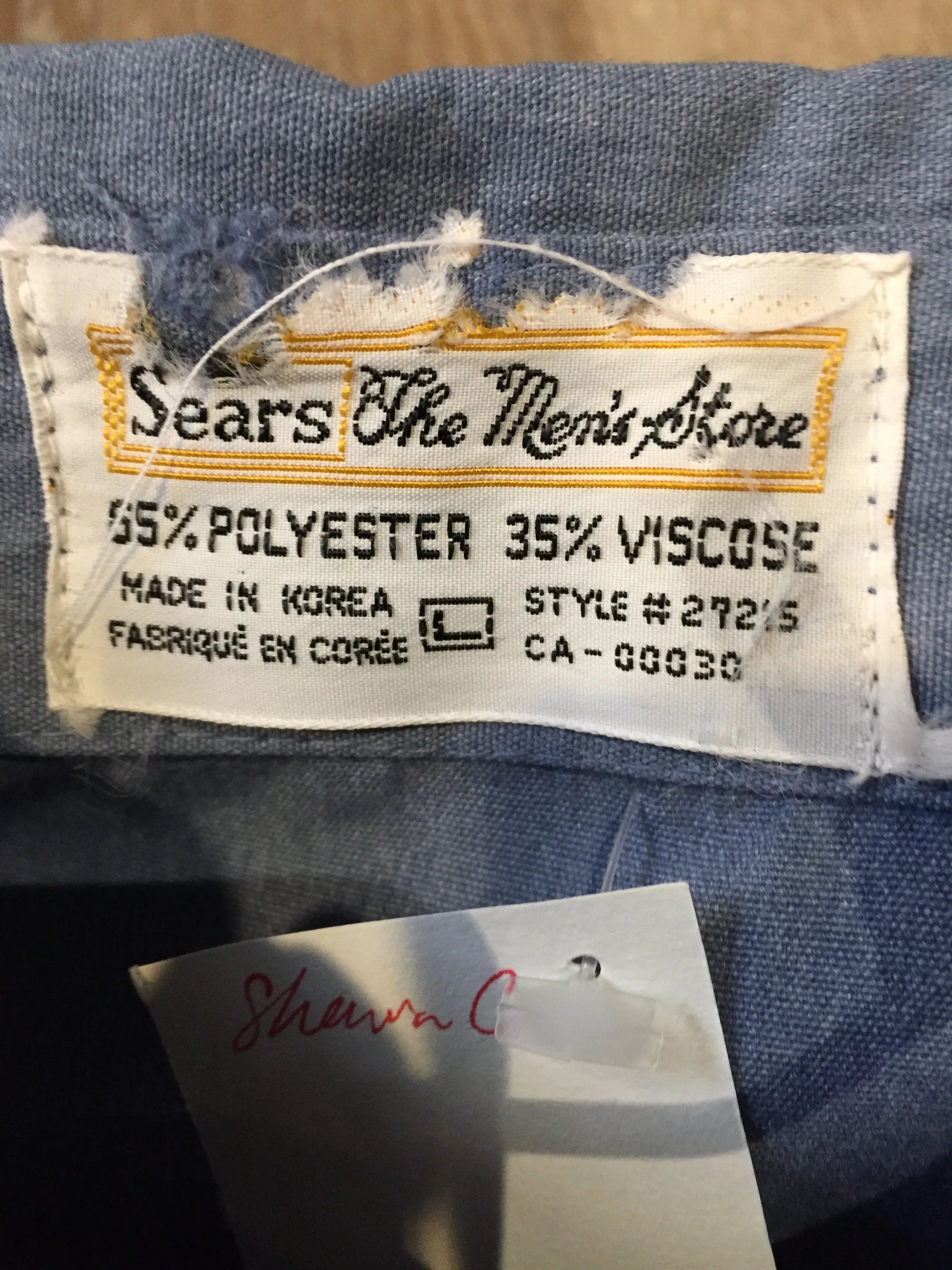 Vintage Sears Mens Store Safari chambray Blue Grey Shirt Poly Viscose Blend