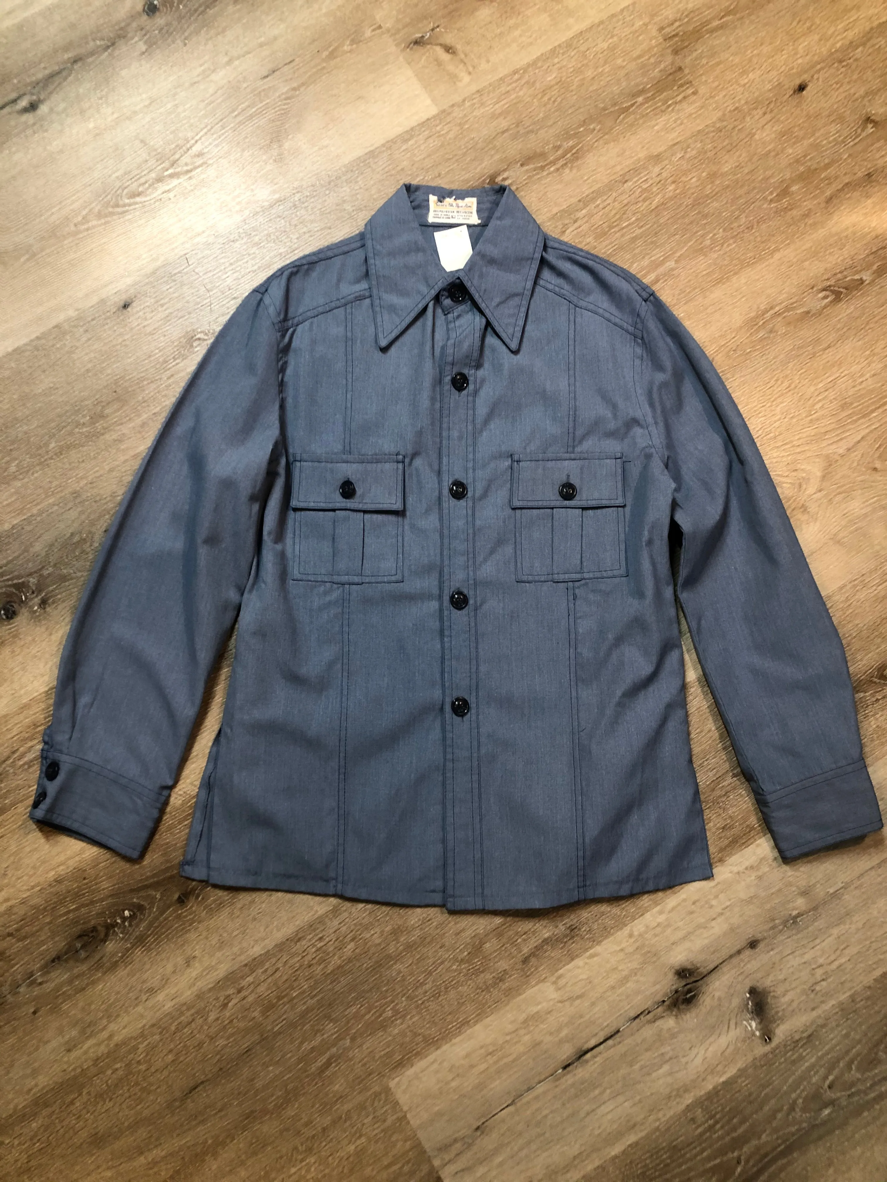 Vintage Sears Mens Store Safari chambray Blue Grey Shirt Poly Viscose Blend