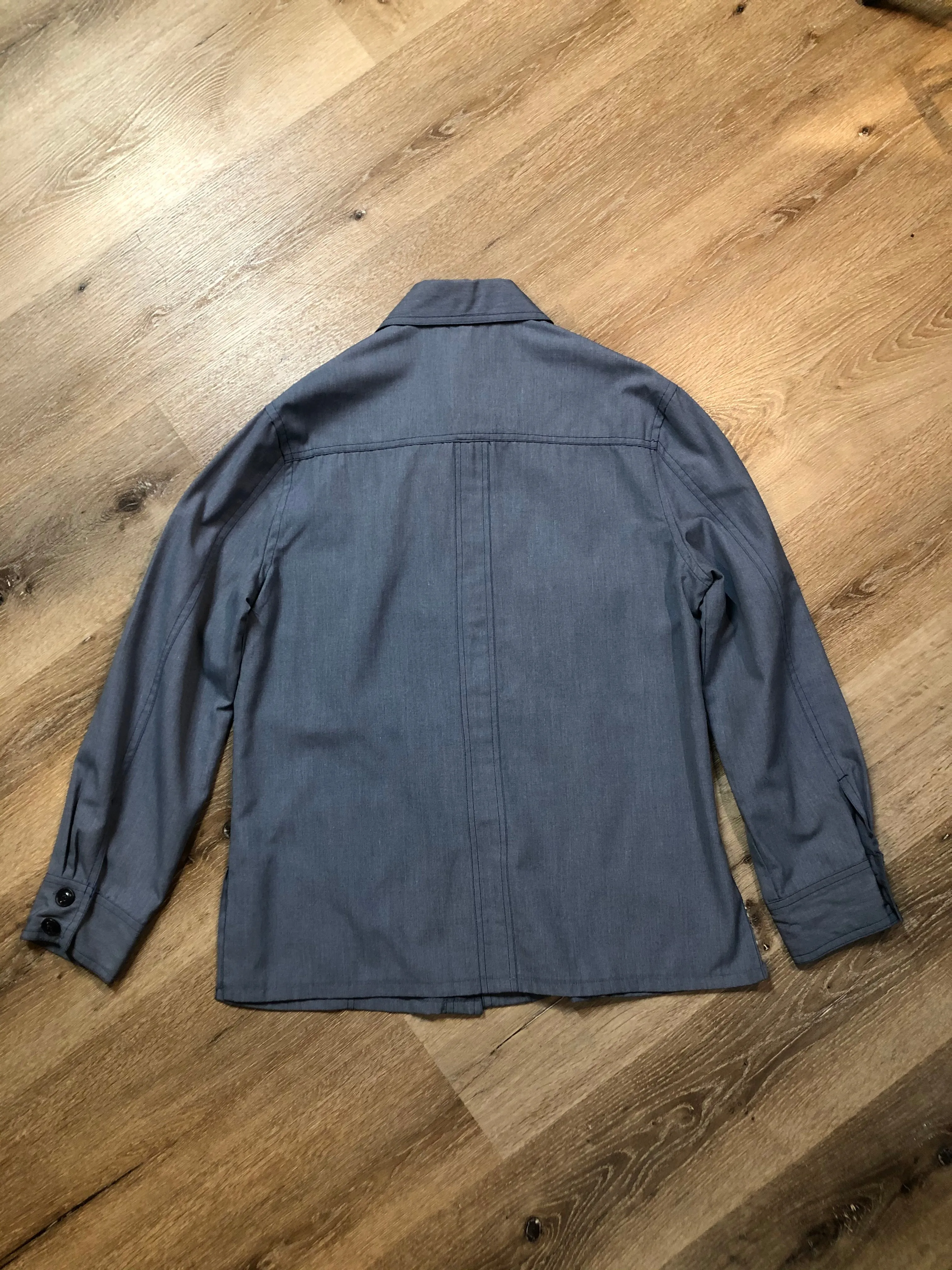 Vintage Sears Mens Store Safari chambray Blue Grey Shirt Poly Viscose Blend