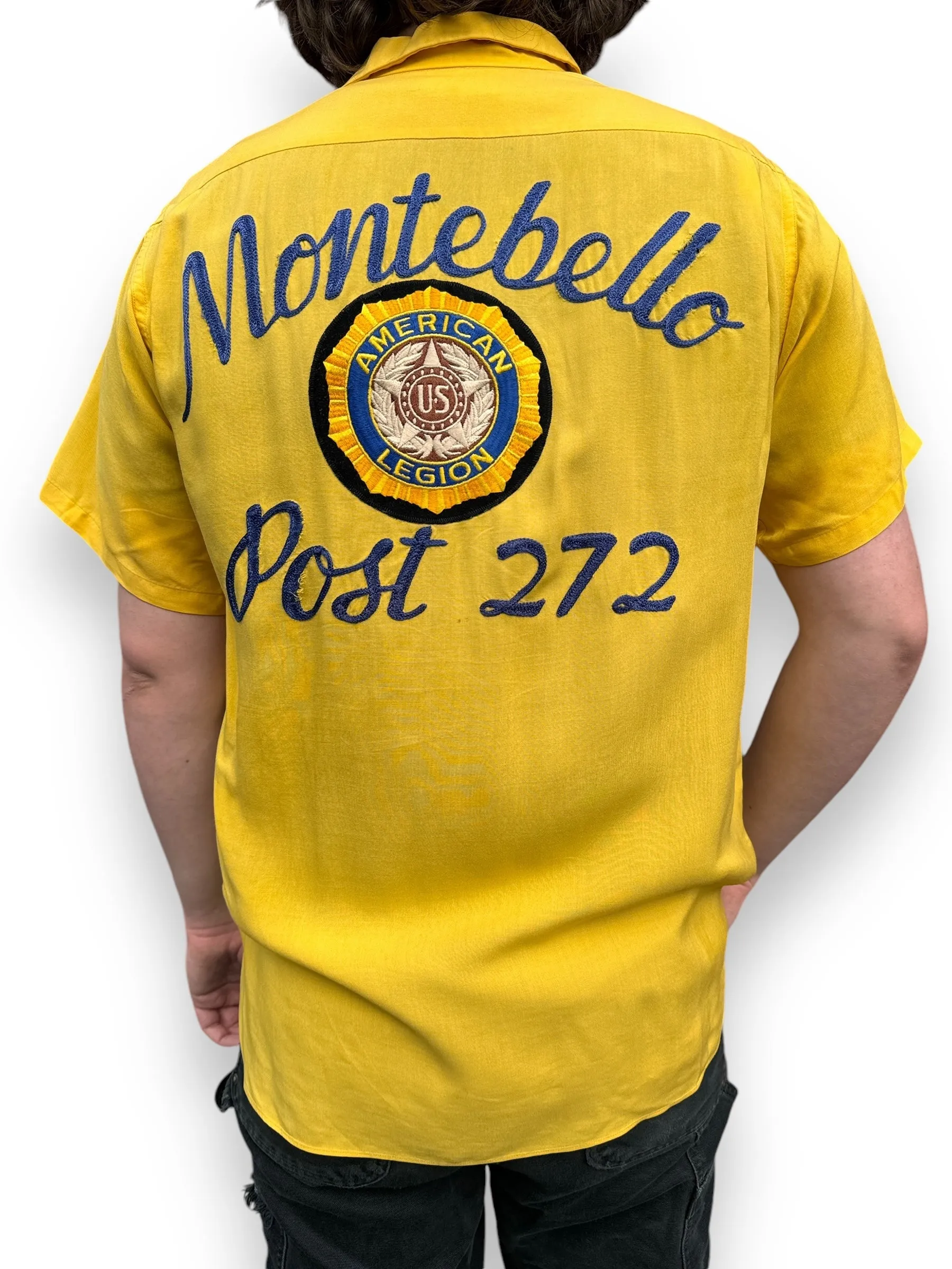 Vintage Yellow Rayon Montebello Bowling Shirt SZ L