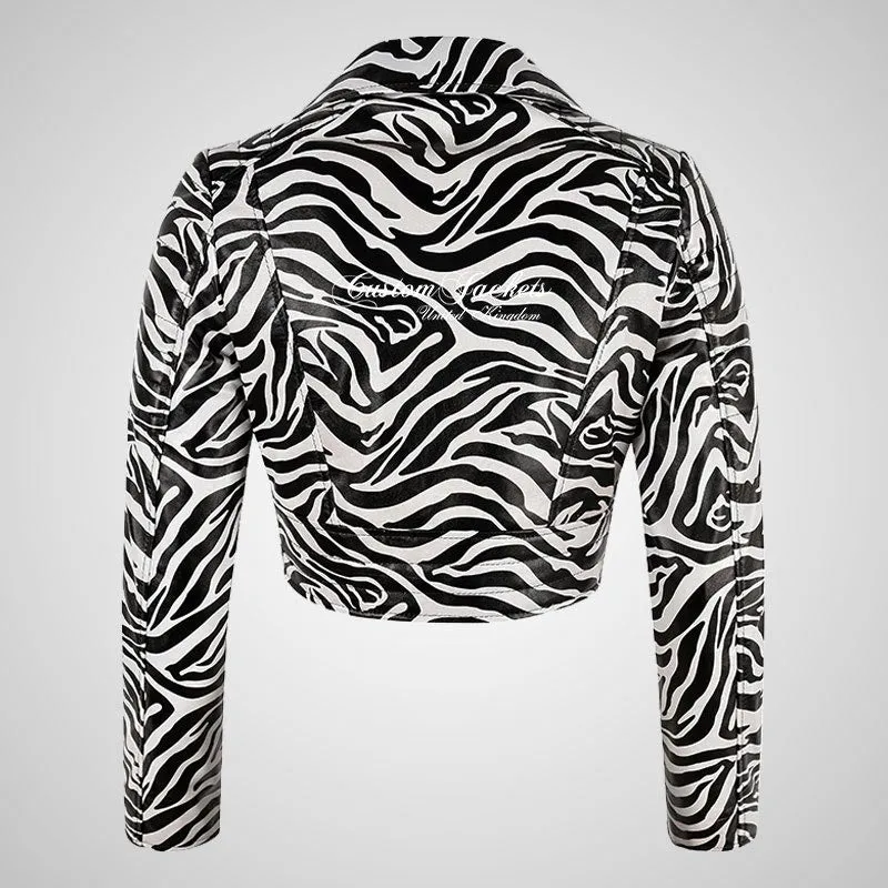 VOGUE Zebra Print Womens Leather Cropped Jacket Short Biker Jacket