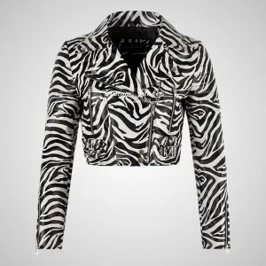 VOGUE Zebra Print Womens Leather Cropped Jacket Short Biker Jacket