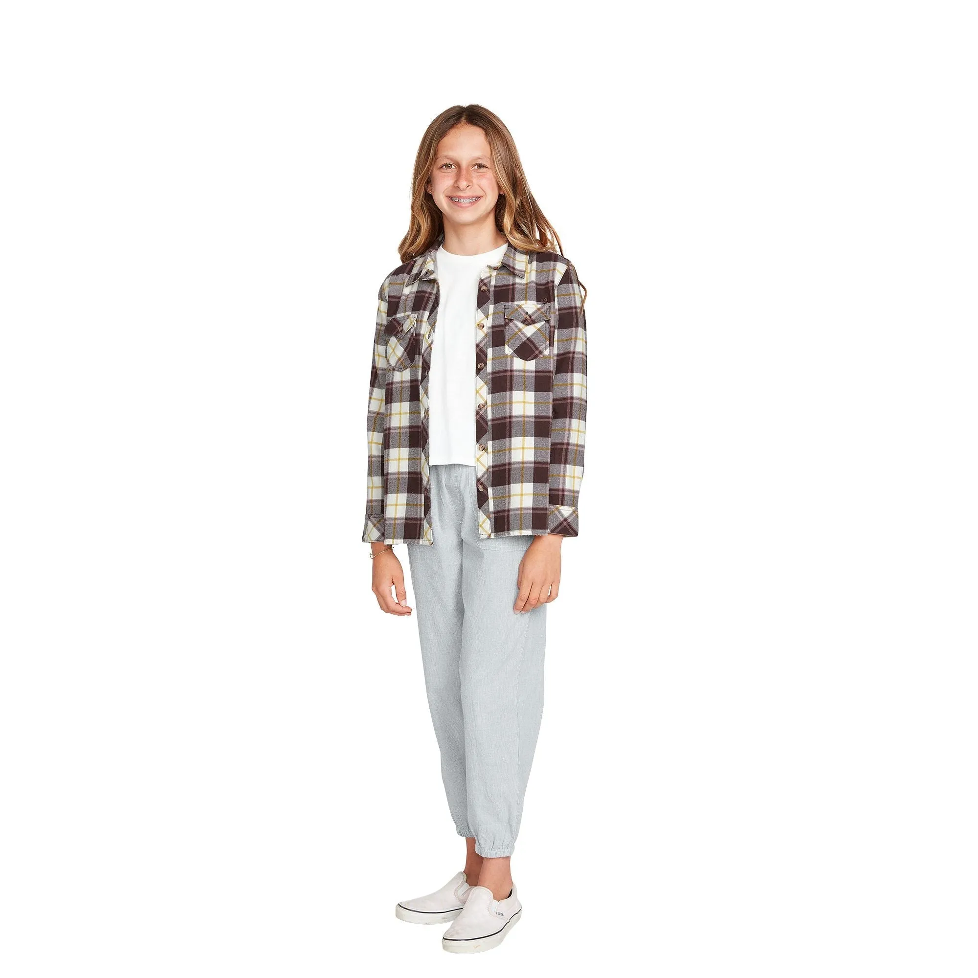 VOLCOM Girls Getting Rad Plaid Long Sleeve Flannel Espresso