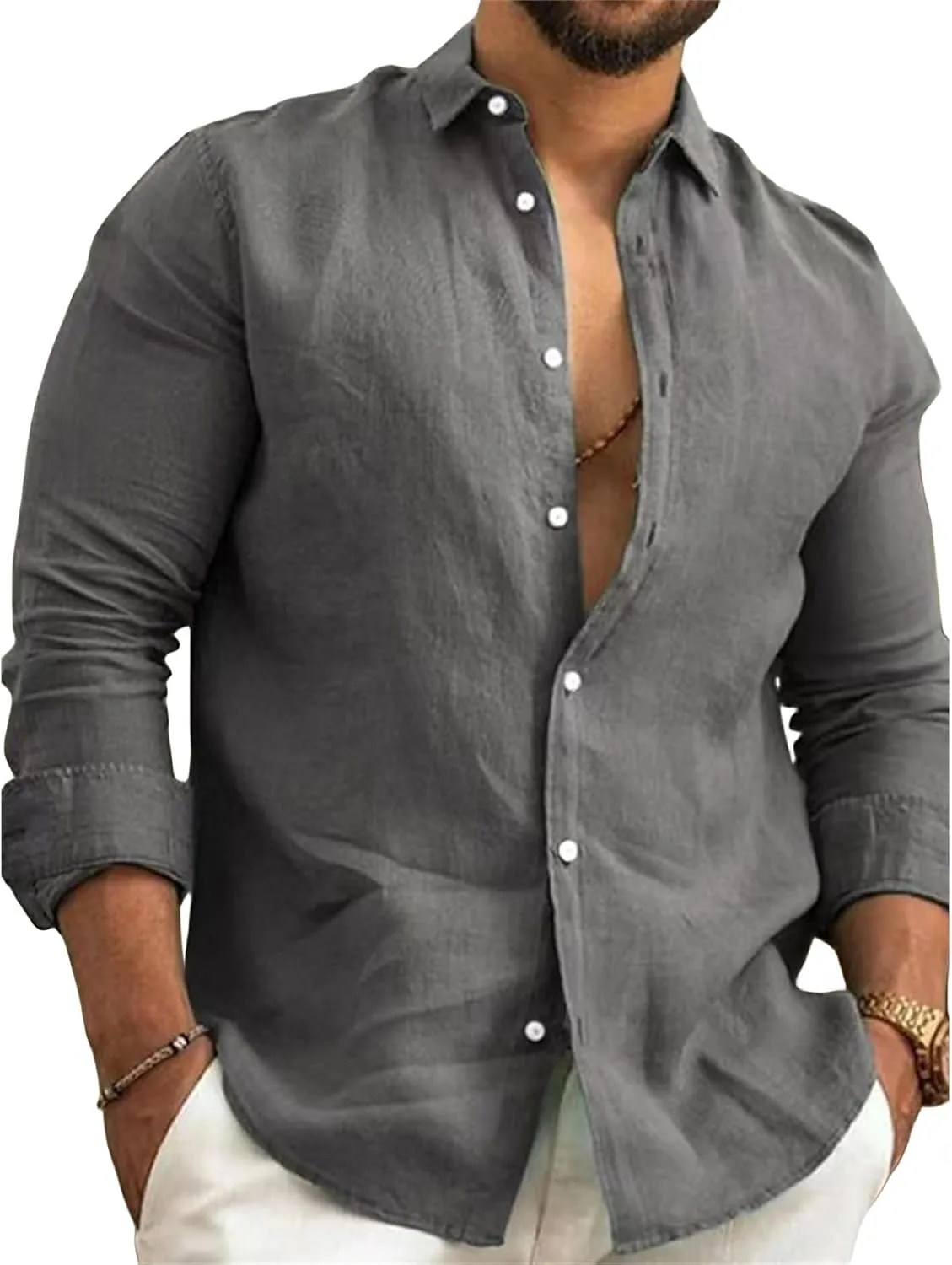 Wankang Men's Cotton Linen Shirts Long Sleeve Button Down Up T Shirt Plain Collared T-Shirts Casual Tee Beach Tshirt for Men