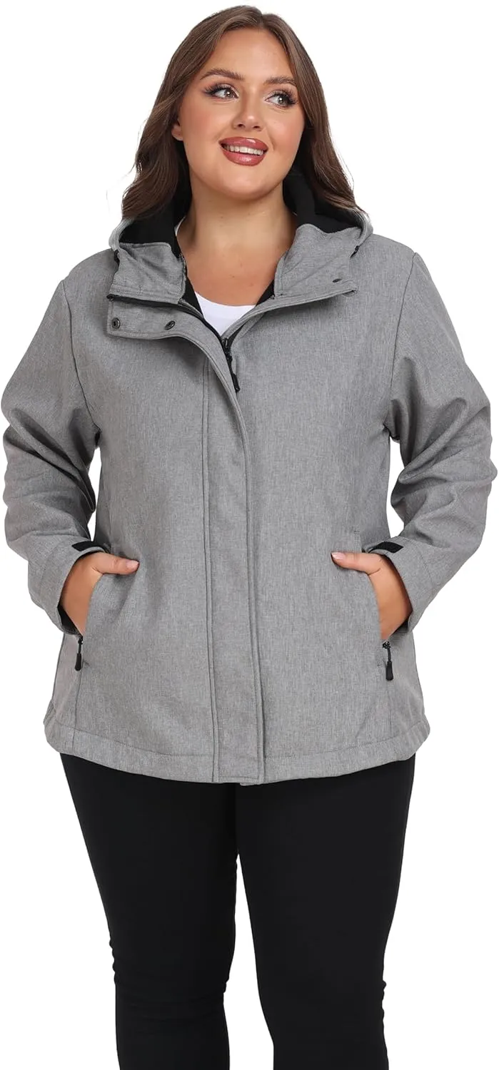 wantdo Women's Plus Size Softshell Jackets Hooded Warm Fleece Lined Windbreaker