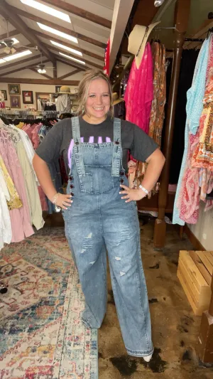 Washed Denim Distressed Overalls
