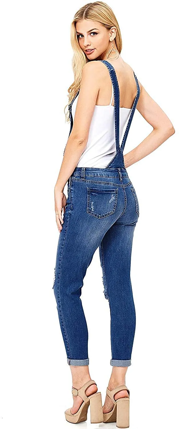 Wax Jeans Women's Distressed Skinny Overalls with Rolled Cuffs