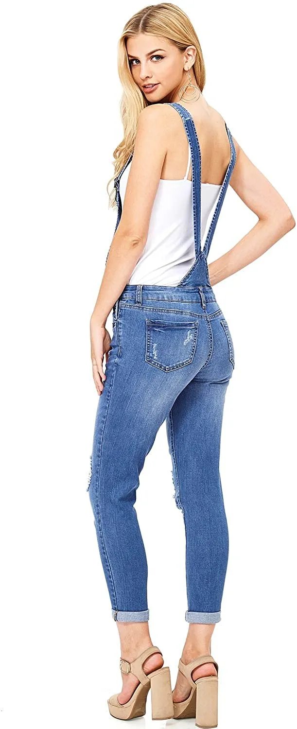 Wax Jeans Women's Distressed Skinny Overalls with Rolled Cuffs