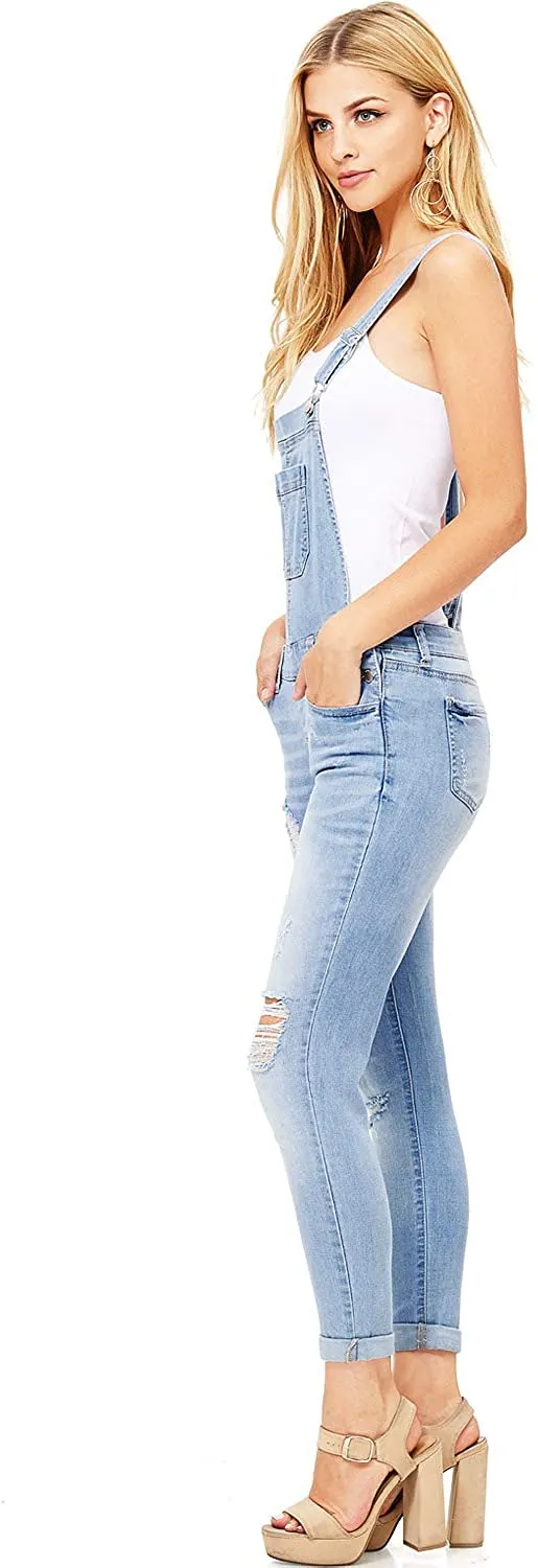 Wax Jeans Women's Distressed Skinny Overalls with Rolled Cuffs