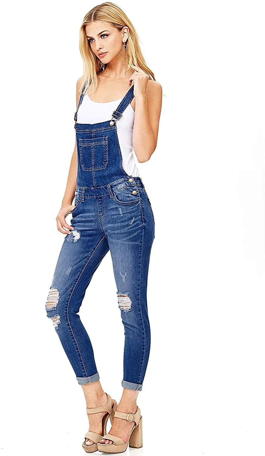Wax Jeans Women's Distressed Skinny Overalls with Rolled Cuffs