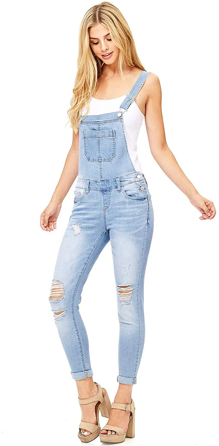 Wax Jeans Women's Distressed Skinny Overalls with Rolled Cuffs