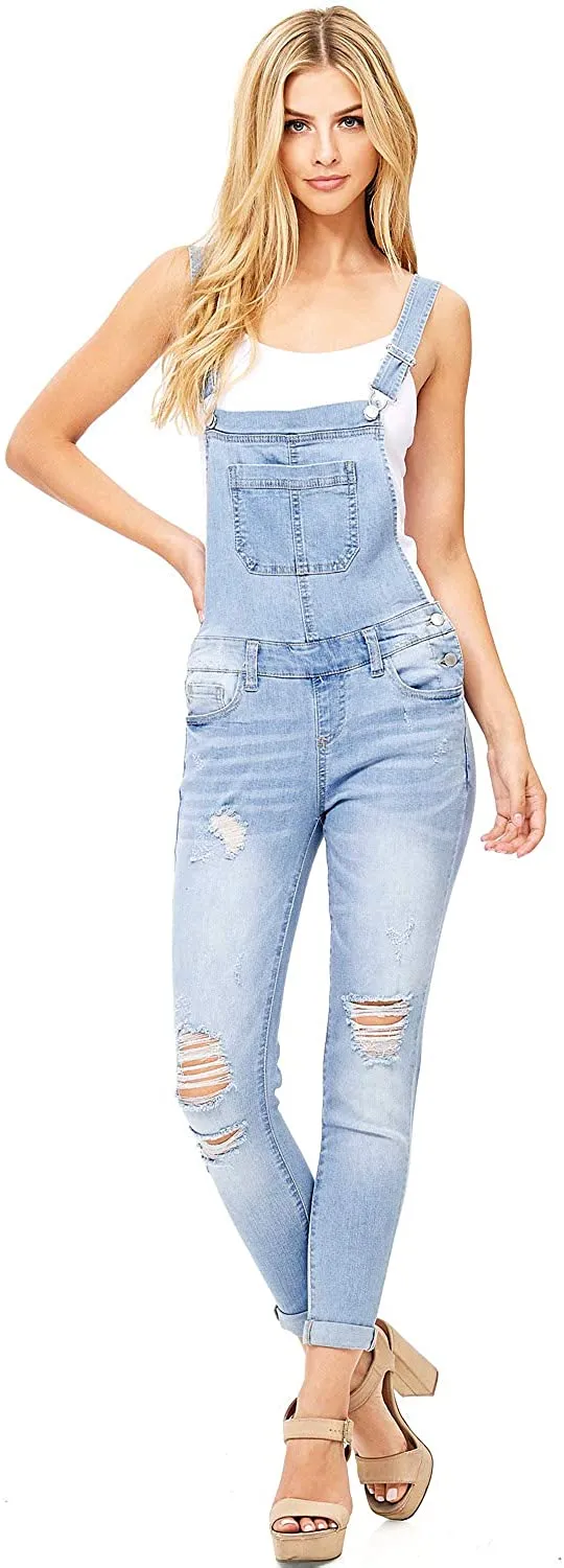Wax Jeans Women's Distressed Skinny Overalls with Rolled Cuffs