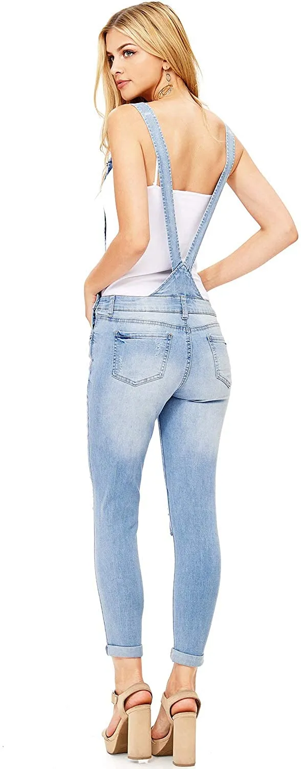 Wax Jeans Women's Distressed Skinny Overalls with Rolled Cuffs